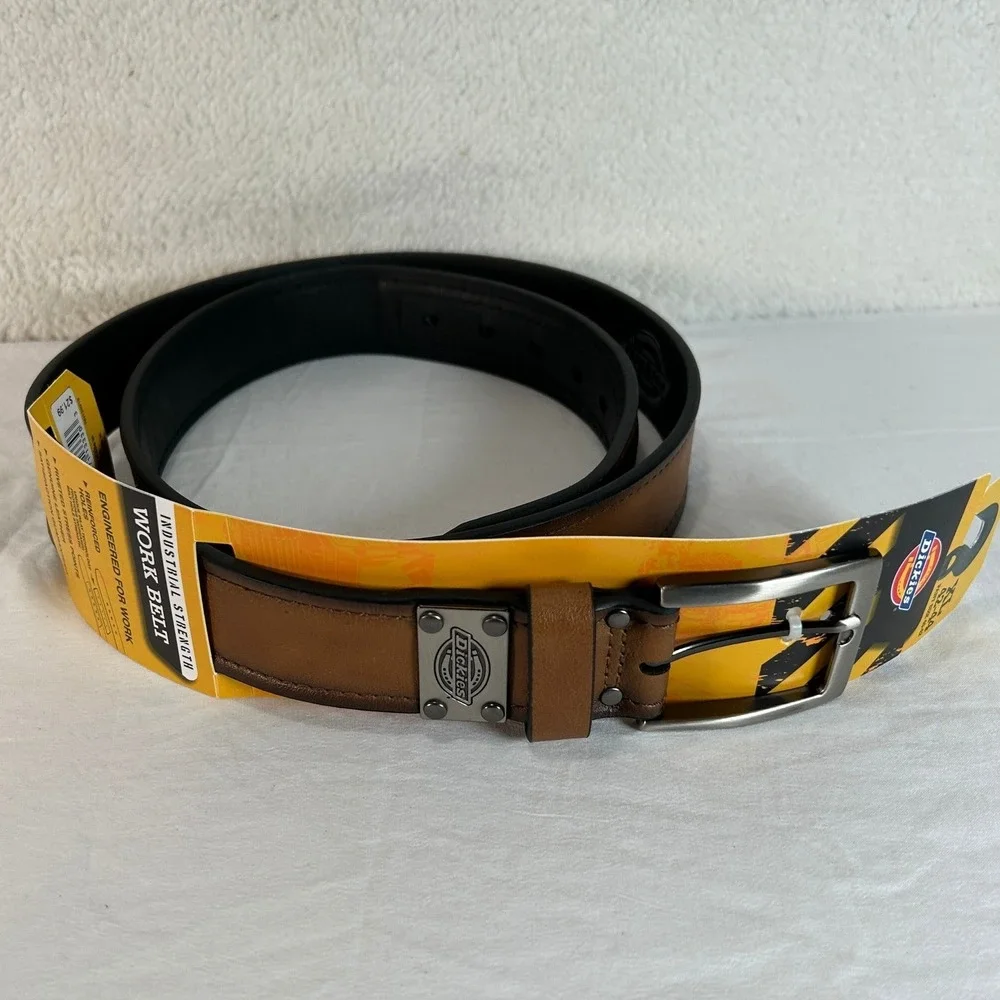 Dickies Mens Industrial Strength Work Belt Brown Leather Metal Logo Small 30-32